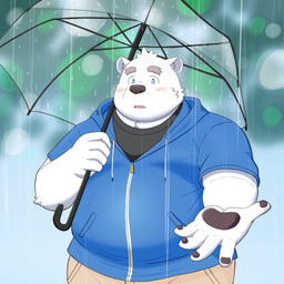 anthro black_nose blue_eyes blush bottomwear clothing hoodie humanoid_hands kemono male outside overweight overweight_male pants raining shirt solo topwear umbrella yaki_atsuage utau shirane_kan bear mammal polar_bear ursine 1:1 2021 hi_res