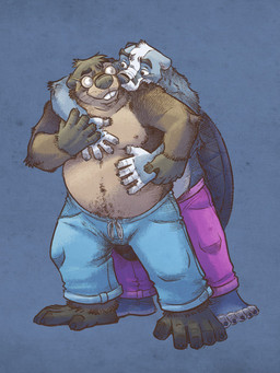 anthro belly blue_body bottomwear brown_body clothing duo eyewear glasses hug hugging_another hugging_from_behind male male/male moobs nipples overweight overweight_male pants white_body k-9 badger beaver mammal mustelid musteline rodent 3:4 hi_res