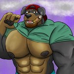 abs anthro beard biceps big_muscles big_pecs cigar clothed clothing clothing_lift facial_hair fur hair hat headgear headwear looking_at_viewer male muscular muscular_anthro muscular_male nipples open_mouth pecs purple_background red_baseball_cap red_cap red_clothing red_hat red_headwear shirt shirt_lift simple_background smoking solo tobacco tobacco_pipe topwear turquoise_shirt yourpaltygar canid canine canis domestic_dog mammal mastiff molosser rottweiler 1:1 hi_res