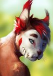 anthro clown fangs hair male nature red_hair solo teeth hedax alligator alligatorid caracal caracal_(genus) crocodile crocodilian felid feline hybrid mammal reptile scalie portrait