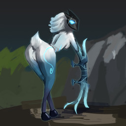 anthro bow_(weapon) butt female fur looking_at_viewer mask ranged_weapon simple_background solo tail weapon wearing_mask white_body temnelc league_of_legends riot_games tencent kindred_(lol) lamb_(lol) bovid caprine mammal sheep 1:1 absurd_res digital_media_(artwork) hi_res huge_filesize