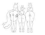 andromorph anthro anus big_butt butt digitigrade female female_anthro genitals group hair heart_symbol intersex long_hair markings nubbed_tail presenting presenting_anus presenting_hindquarters presenting_pussy presenting_to_viewer pussy short_hair short_tail simple_background striped_markings stripes tail tail_mouth teeth thick_thighs trio unusual_anatomy unusual_tail blac_jackel666 jackie_(blac_jackel666) marley_remy stone_(arizonabebe) canid canine canis dobermann domestic_dog felid feline jackal mammal pinscher monochrome