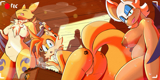 2_tails anthro areola backsack balls bangs blue_eyes bodily_fluids breast_tuft breasts brown_areola brown_nipples butt butt_tattoo cheek_tuft chest_tuft coal double_tomoe ear_clip ear_piercing eyelashes eyeliner eyes_closed facial_tuft featureless_breasts featureless_crotch female femboy fluffy fur gauged_ear genitals green_eyes group hair inner_ear_fluff intersex leg_markings looking_at_viewer makeup markings membrane_(anatomy) membranous_wings multi_tail navel nipples piercing recording recording_device sauna shadow shadowy_figure sharp_teeth slightly_chubby smile steam sweat tail tan_body tan_fur tan_skin tattoo teeth thigh_markings tomoe_(symbol) tongue tongue_out towel trio tuft water white_body white_fur white_hair wings yellow_body yellow_fur jojo_hernandez bandai_namco digimon konami metal_gear sega sonic_the_hedgehog_(series) kazuhira_miller miles_prower rouge_the_bat bat canid canine digimon_(species) fox human mammal renamon hi_res signature trans_(lore) trans_woman_(lore)