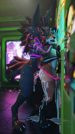 anal anal_penetration anthro antlers balls bodily_fluids clothed clothing collar cum cum_in_ass cum_inside cum_on_balls cum_on_ground cum_on_leg cum_while_penetrated cumshot cybernetics duo ejaculation excessive_cum excessive_genital_fluids genital_fluids genitals hands-free holding_neck horn knot knotted_penis knotting looking_at_another machine male male/male open_mouth outside partially_clothed penetration penis penis_against_surface public public_sex reflection sex translucent translucent_clothing vending_machine wings sanythefox cd_projekt_red cyberpunk_2077 eclipse_(sanythefox) sany_van_fox lagomorph mammal novabeast wolpertinger 3d_(artwork) 9:16 absurd_res digital_media_(artwork) hi_res
