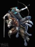 action_pose armor arrow_(weapon) battle blue_body blue_fur bow_(weapon) bracers chainmail cloak clothing duo female fur grey_body grey_fur male melee_weapon pose quiver_(object) ranged_weapon sword weapon white_body white_fur whiluna canid canine canis felid hybrid mammal pantherine tiger wolf hi_res