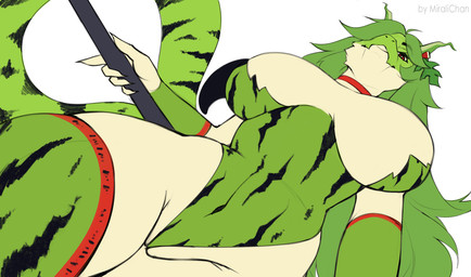 anthro big_breasts breasts camel_toe clothing collar dancing female food fruit genitals green_hair hair leaf leotard low-angle_view markings melon non-mammal_breasts plant pole pole_dancing pussy_floss solo striped_markings stripes tail thick_thighs vulva watermelon wide_hips worm's-eye_view miralichan melonie_(spirit_shadow) kobold scalie watermelon_kobold hi_res