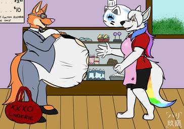 anthro baker bakery breasts clothed clothing dessert duo female food fur obese obese_anthro obese_female overweight overweight_anthro overweight_female pregnant pregnant_anthro pregnant_female sweets tail harikuran dreamworks mayternity mayternity_2025 the_bad_guys diane_foxington canid canine canis domestic_dog fox mammal absurd_res hi_res