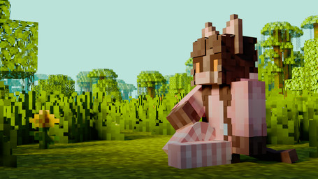 anthro brown_body brown_fur brown_hair cheek_tuft clothing facial_tuft female forest fur grass hair hoodie inner_ear_fluff legwear light meadow multicolored_body nature nature_background orange_eyes pattern_clothing pattern_legwear pattern_stockings pink_clothing pink_hoodie pink_legwear pink_stockings pink_topwear plant sitting sitting_on_grass sky solo stockings striped_clothing striped_legwear striped_stockings stripes sunlight tail topwear tree tuft two_tone_body white_clothing white_legwear white_stockings ocelotka microsoft minecraft mojang the_elder_scrolls xbox_game_studios ocelotka_(ocelotka) felid feline khajiit mammal 3d_(artwork) digital_media_(artwork)