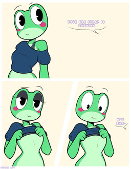 3_panel_comic accident accidental_exposure anthro blush blush_lines bra_lift bra_strap breasts clothed clothing clothing_lift countershade_face countershade_torso countershading embarrassed eyelashes eyeshadow featureless_breasts female female_anthro flat_chested green_body makeup narrowed_eyes offscreen_character shirt shirt_lift small_waist solo text toony topwear eltrash_art6 glitch_productions the_amazing_digital_circus ribbit_(tadc) amphibian frog 2026 absurd_res comic digital_drawing_(artwork) digital_media_(artwork) english_text hi_res