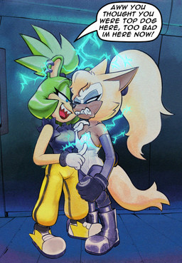 5_fingers angry anthro biped blue_eyes boots bottomwear bracelet breast_poke breast_squish breasts breasts_frottage brown_body cleavage clenched_teeth clothed clothed_anthro clothed_female clothing dialogue duo ear_piercing ear_ring electricity fangs female female/female female_anthro fingers footwear fully_clothed fully_clothed_anthro fully_clothed_female fur gloves green_body green_fur hair hand_on_another's_shoulder hand_on_shoulder handwear humanoid_hands jewelry leotard long_hair long_ponytail long_tail looking_at_another medium_breasts multicolored_body narrowed_eyes open_mouth pants piercing plantigrade poking ponytail ring_piercing sexual_harassment sharp_teeth shirt shoes shoulder_grab smug speech_bubble squish standing tail talking_to_another tan_body tan_fur tank_top taunting teeth text three-quarter_view tongue topwear touching_breast white_body drockdraw idw_publishing sega sonic_the_hedgehog_(comics) sonic_the_hedgehog_(idw) sonic_the_hedgehog_(series) surge_the_tenrec whisper_the_wolf afrosoricid canid canine canis mammal tenrec wolf english_text hi_res
