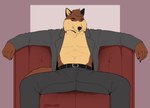 anthro belt blazer clothed clothing dress_pants fur lounging male multicolored_body multicolored_fur muscular muscular_male open_clothing solo treebarkdragon canid canine fox mammal absurd_res hi_res