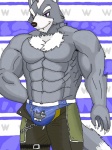 abs anthro black_nose bulge claws clothed clothing dipstick_tail male markings muscular muscular_anthro muscular_male pecs purple_eyes smile smirk solo speedo swimwear tail tail_markings topless muscleartguy nintendo star_fox wolf_o'donnell canid canine canis mammal wolf 3:4 hi_res