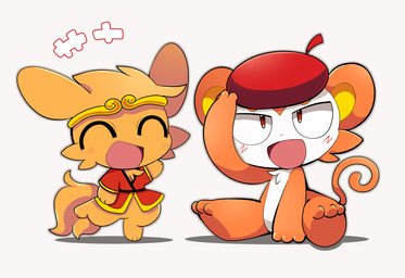 3_toes alternate_costume anthro barefoot blush clothing clothing_swap duo eyes_closed feet fur hat headgear headwear holding_clothing holding_hat holding_headgear holding_headwear holding_object kemono looking_up multicolored_body multicolored_fur open_mouth open_smile orange_body orange_fur red_clothing red_eyes red_hat red_headwear simple_background sitting smile standing toes tongue two_tone_body two_tone_fur white_background white_body white_fur yellow_body yellow_fur bayachao makemon hayato_(makemon) payne_(makemon) haplorhine mammal monkey primate 2018
