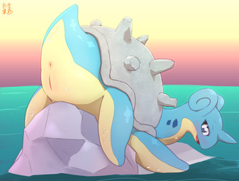 anus blush countershading female feral genitals nude presenting presenting_vulva solo sunset vulva water vcrow_shuu nintendo pokemon generation_1_pokemon lapras pokemon_(species) absurd_res hi_res
