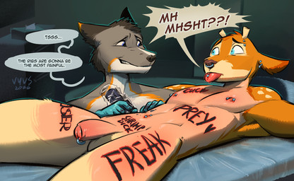 anthro anthro_on_anthro balls barbell_piercing bdsm belly_tattoo blep blood blue_eyes bodily_fluids body_writing brown_body cheeky chest_tattoo clothing countershade_border cuckold cut_antlers degradation degradation_kink degrading_tattoo detailed_background dialogue duo ear_piercing ear_ring eye_contact eyebrow_piercing facial_piercing flaccid foreskin fur genital_piercing genitals gloves grey_body grey_fur handwear humanoid_genitalia humanoid_penis humiliation humiliation_fetish leg_tattoo looking_at_another lying male male/male male_anthro multicolored_body multicolored_fur multiple_piercings navel navel_piercing nervous nipple_barbell nipple_piercing nipples nose_piercing nose_ring nude_anthro nude_male on_back orange_body orange_fur penis penis_humiliation penis_piercing piercing piercing_fetish prince_albert_piercing ring_piercing shaved shocked small_penis_humiliation spots spotted_shoulders submissive submissive_anthro submissive_male surprised tan_body tattoo text tongue tongue_out tongue_piercing white_body white_fur vyvs canid canine deer mammal english_text hi_res