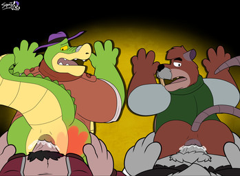 4_fingers anal anal_penetration anthro anthro_on_anthro anthro_penetrated anthro_penetrating anthro_penetrating_anthro bottomless brown_body brown_fur buckteeth butt butt_grab clothed clothing facial_hair fingers fur genitals green_body grey_body grey_fur group hand_on_butt hat headgear headwear jacket long_tail looking_back looking_pleasured male male/male male_penetrated male_penetrating male_penetrating_male mature_male multicolored_body multicolored_fur mustache open_mouth parallel_sex penetration penile penile_penetration penis penis_in_ass pink_body pink_fur pubes rear_view sex simple_background tail teeth tongue topwear two_tone_body two_tone_fur vein veiny_penis yellow_body yellow_sclera spotttheyeen brok_the_investigator cowcat_games brok_(brok_the_investigator) dart_(brok_the_investigator) kins_(brok_the_investigator) tramp_(brok_the_investigator) alligator alligatorid cricetid crocodile crocodilian mammal murid murine muskrat rat reptile rodent scalie 2026 alternate_version_at_source dated digital_drawing_(artwork) digital_media_(artwork) hi_res signature