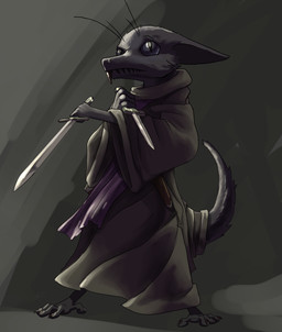 black_sclera clothing dagger melee_weapon robe scarf solo standing sword teeth weapon oniontrain out-of-placers warhammer_(franchise) warhammer_fantasy mammal yinglet hi_res