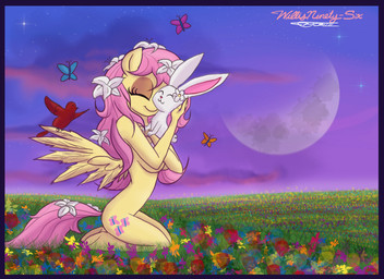 :3 anthro anthrofied blue_border border breasts cutie_mark detailed_ambient_creature duo_focus eyes_closed feathered_wings feathers female flower flying grass group hair hug kneeling moon night nude outside pink_hair plant sky star sunset tail wings yellow_body yellow_feathers willisrisque friendship_is_magic hasbro my_little_pony mythology angel_(mlp) fluttershy_(mlp) ambient_arthropod ambient_bird ambient_butterfly ambient_flier ambient_insect arthropod avian bird butterfly equid equine insect lagomorph lepidopteran leporid mammal mythological_creature mythological_equine pegasus rabbit 2013