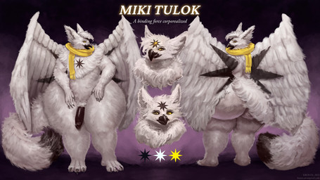 3_eyes anthro big_butt big_tail butt chest_tuft cutaway dark_markings expression_cutaway fluffy male markings multi_eye scarf star_(marking) tail thick_thighs tuft wide_hips wings kronte mythology meowl miki_(mikimeowl) avian bird gryphon mythological_avian mythological_creature owl absurd_res hi_res model_sheet