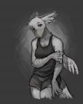 5_fingers anthro beak bottomwear breasts clothed clothing feathered_wings feathers female fingers freckles grey_background humanoid_hands pseudo_hair scales shirt shorts simple_background solo tank_top topwear wings hoot_(artist) hoot_(character) avian digital_media_(artwork) greyscale monochrome sketch