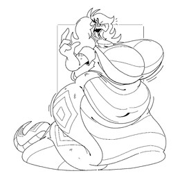 anthro apode belly big_breasts bottomless breasts cleavage clothed clothing eyelashes female hair huge_breasts legless long_hair love_handles navel open_mouth open_smile overweight overweight_anthro overweight_female serpentine shirt shirt_only smile solo topwear topwear_only wide_hips boot_(artist) gwen_(snakerolls) draconcopode naga reptile scalie snake 2025 monochrome
