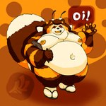 antennae_(anatomy) anthro barazoku belly brown_body brown_fur clothing eyes_closed fluffy fluffy_tail footwear fur gesture hair looking_at_viewer male nipples nude obese obese_anthro open_mouth overweight overweight_anthro overweight_male sandals shoes simple_background smile socks socks_with_sandals solo tail text tuft waving waving_at_viewer wings yellow_body fujiyama_samoyed bumble_beans_(fujiyamasamoyed) arthropod bee canid canine canis hybrid hymenopteran insect mammal raccoon_dog tanuki 1:1 adversarial_noise watermark