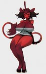 big_breasts black_hair blush breasts female hair hooves horn looking_aside red_body simple_background smile solo tusks white_background indigo_cho humanoid species_request 2018 digital_media_(artwork) hi_res