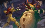 arm_cannon armor battle duo female not_furry open_mouth power_suit text orlek metroid nintendo kraid samus_aran alien human mammal 2024 absurd_res hi_res url