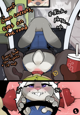 anal anal_penetration animal_genitalia animal_penis anthro begging big_penis bite biting_lip biting_own_lip bodily_fluids bottomwear bottomwear_down canine_genitalia canine_penis car clenched_teeth clothed clothing dialogue dominant dominant_male driving duo female first_person_view from_behind_position genitals inside_car inside_vehicle internal internal_anal knot knotted_penis knotting looking_pleasured male male/female moan outside_sex pants pants_down partially_clothed penetration penis public public_sex rear_view self_bite sex sex_while_driving shaking sitting_on_another size_difference steering_wheel submissive submissive_female talking_to_another tears teeth trembling uniform vehicle conditional_dnp singafurian disney zootopia judy_hopps nick_wilde canid canine fox lagomorph leporid mammal rabbit absurd_res comic hi_res