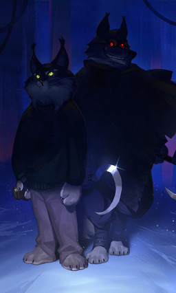 anthro barefoot biped bottomwear cheek_tuft claws cloak clothing duo facial_tuft feet forest fur glowing glowing_eyes grey_body grey_fur holding_object looking_at_viewer male pants plant red_eyes sickle smile snow standing sweater teeth topwear tree tuft whiskers yellow_eyes wball disney dreamworks puss_in_boots_(franchise) zootopia death_(puss_in_boots) pawbert_lynxley canada_lynx canid canine canis felid feline lynx mammal wolf absurd_res crossover hi_res