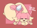 anthro audino big_breasts big_butt breasts butt dialogue english_text eyes_closed female generation_5_pokemon hi_res huge_butt lying nintendo on_front open_mouth open_smile pink_background pokemon pokemon_(species) samirachuni simple_background smile solo text thick_thighs