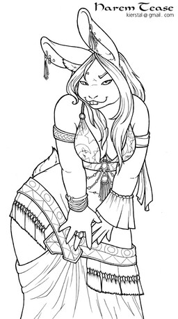 anthro armlet bracelet breasts clothed clothing ear_piercing ear_ring female hair harem harem_outfit jewelry looking_at_viewer piercing ring_piercing slightly_chubby solo wide_hips kierstal lagomorph leporid mammal rabbit black_and_white monochrome