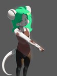 anthro band-aid bandage bandaged_arm blood_on_bandage clothing female frown fur green_eyes green_hair hair solo white_body white_fur wounded artesderatzyu mammal mouse murid murine rodent absurd_res hi_res