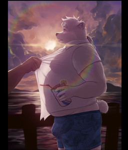 anthro belly big_belly blush bottomwear bulge clothing cloud duo humanoid_hands kemono male moobs outside overweight overweight_male shorts solo_focus sun guadr bear mammal polar_bear ursine 2025 absurd_res hi_res