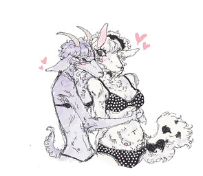 adolescent adult_on_adolescent age_difference alternate_species anthro appetite_of_a_people_pleaser_(vocaloid) black_eyes blush bra clothing duo eyewear female female/female flustered fur furrification glasgow_smile glasses holding_from_behind horn long_tail mottled novocaine_(vocaloid) older_female panties polka_dots purple_body purple_eyes purple_fur rarepair romantic scar short_tail spiral spiral_eyes tail teats underwear white_body white_fur wool_(fur) young younger_female itzkuroki ghost_and_pals vocaloid cakey_(ghost_and_pals) flower_(vocaloid) trash_dentist_(ghost_and_pals) angora_goat bovid caprine domestic_goat domestic_sheep goat mammal sheep