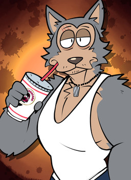 anthro beverage clothing dog_tags drinking facial_hair fur half-closed_eyes holding_object jewelry looking_at_viewer male mexican muscular muscular_anthro muscular_male narrowed_eyes necklace scar shirt solo stubble tank_top topwear white_clothing white_shirt white_tank_top white_topwear janjauwu beastars legoshi_(beastars) canid canine canis mammal wolf hi_res