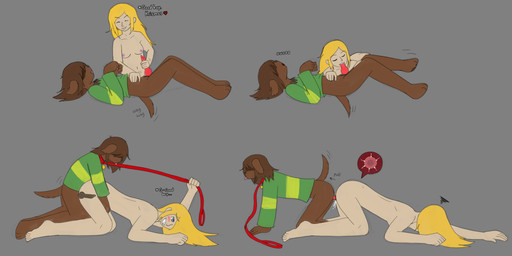 alternate_species anthro anthro_penetrating anthro_penetrating_human areola bdsm blonde_hair blue_eyes blush bodily_fluids bottomless bottomless_anthro bottomless_male breasts brown_body brown_fur brown_hair buckteeth clothed clothing collar covered_eyes cum cum_in_vagina cum_inside duo exhausted eyes_closed feet fellatio female female_human floppy_ears fur furrification genital_fluids genitals green_clothing green_sweater green_topwear hair howl human_on_anthro human_penetrated humanized impregnation interspecies knot knotted_penis knotting leash leash_pull leashed_collar long_hair male male/female male_anthro masturbation multiple_poses nipples nude nude_female nude_human on_ground oral ovum paws penetration penile penile_masturbation penis petplay pose puppyplay red_penis roleplay sex small_breasts smile sperm_cell sweater tail teasing teasing_partner teeth tongue tongue_out topwear vaginal white_body white_skin haruanonalex deltarune undertale_(series) kris_dreemurr noelle_holiday canid canine canis domestic_dog human mammal absurd_res hi_res