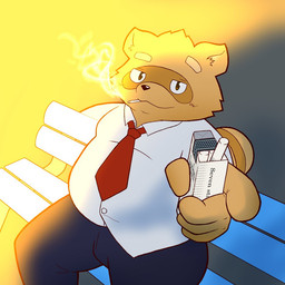 anthro bottomwear brown_body brown_fur clothing fur humanoid_hands kemono male necktie pants shirt sitting slightly_chubby smoking solo topwear k_gutless canid canine mammal raccoon_dog tanuki 1:1 2015