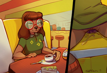anthro beverage biped bodily_fluids bottomless bottomless_anthro bottomless_female brown_body brown_fur brown_hair cake clothed clothing coffee dessert detailed_background dildo dildo_in_vagina dildo_insertion dildo_sitting dildo_sitting_reveal dress female food fur genital_fluids genitals green_eyes hair half-closed_eyes inside looking_at_viewer masturbation narrowed_eyes no_underwear penetration public public_masturbation restaurant sex_toy sex_toy_in_vagina sex_toy_insertion sitting smile solo stealth_masturbation toying_self under_table upskirt_sex vaginal vaginal_fluids vaginal_penetration vulva osato-kun sadie_(osato-kun) canid canine canis domestic_dog mammal 2017 signature