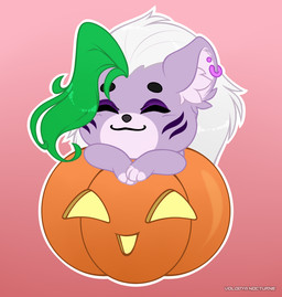 anthro big_ears chibi ear_piercing ear_ring embarrassed eyes_closed female food fruit green_hair hair jack-o'-lantern long_hair magic piercing plant pumpkin ring_piercing simple_background smile solo white_hair volodyanocturne five_nights_at_freddy's five_nights_at_freddy's:_security_breach scottgames steel_wool_studios roxanne_wolf canid canine canis mammal wolf 2023 digital_media_(artwork) hi_res