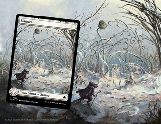 ambiguous_gender anthro bottomwear cape clothing cloud dandelion day detailed_background flower fur grass grey_body grey_fur holding_object holding_staff hood outside pants plant rear_view rock snow snowing solo staff standing tail text winter carlos_palma_cruchaga hasbro magic:_the_gathering wizards_of_the_coast mammal mouse murid murine rodent 2024 english_text official_art