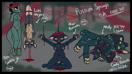 anthro black_border blood bodily_fluids border death female flat_chested forest genital_fluids gore gore_focus group hanged plant slightly_chubby text tree urine crowskull night_in_the_woods aunt_molly_(nitw) bea_santello candy_borowski lori_meyers mae_borowski alligator alligatorid crocodilian mammal murid reptile rodent scalie absurd_res hi_res