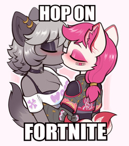 anthro bandage bandage_on_face choker clothed clothing ear_piercing eyes_closed eyeshadow female female/female fur fur_markings grey_body grey_fur grey_hair hair inner_ear_fluff jewelry kissing makeup markings multi_tail necklace off_shoulder piercing pink_hair tail text tuft white_body white_fur moozua epic_games fortnite hop_on_(meme) kimiko_five-tails wolfie_(fortnite) canid canine canis fox mammal wolf 2025 hi_res impact_(font)