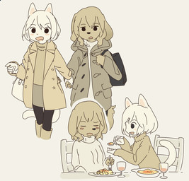 alcohol anthro beverage blush bottomwear brown_body brown_fur brown_hair chair clothed clothing coat container cup cutlery drinking_glass duo eating eyes_closed female food fork fur furniture gesture glass glass_container glass_cup hair hand_gesture hand_holding kemono kitchen_utensils pants pasta pointing purse simple_background sitting skirt smile spoon sweater table tan_clothing tan_sweater tan_topwear tools topwear turtleneck white_body white_clothing white_fur white_hair white_sweater white_topwear wine wine_glass yagi_the_goat canid canine canis domestic_cat domestic_dog felid feline felis mammal multiple_scenes