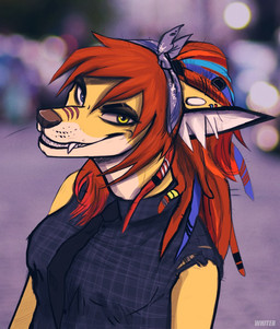 anthro blue_clothing blue_eyes blue_hair blue_topwear clothed clothing ear_piercing ear_ring fangs female grin hair heterochromia inner_ear_fluff light_body looking_at_viewer multicolored_hair piercing red_hair ring_piercing smile solo tan_body teeth text topwear tuft two_tone_hair white_inner_ear_fluff yellow_body yellow_eyes unknowhiter canid mammal 2015 artist_name half-length_portrait portrait