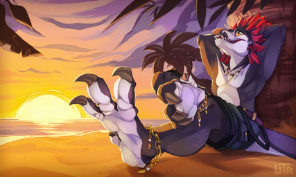 4_toes anklet anthro barefoot beach biped bottomwear chain clothing countershade_feet countershading crossed_legs digitigrade feet foot_focus hands_behind_head jewelry male seaside sitting soles solo sunset toes upset-rex reziki_(furguest772) dinosaur dromaeosaurid prehistoric_species reptile scalie theropod absurd_res hi_res