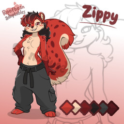 accessory anthro arm_tuft bangs big_tail bottomwear breasts cartoon_freckles chest_tuft clothed clothing elbow_tuft facial_tuft featureless_breasts female freckled_face freckled_shoulders freckles hair highlights_(coloring) markings oversized_bottomwear oversized_clothing oversized_pants pants shoulder_tuft smile solo spot_freckles spots spotted_face spotted_markings spotted_shoulders spotted_tail standing tail tail_markings topless tuft roofbean mammal rodent sciurid tree_squirrel 1:1 absurd_res hi_res model_sheet