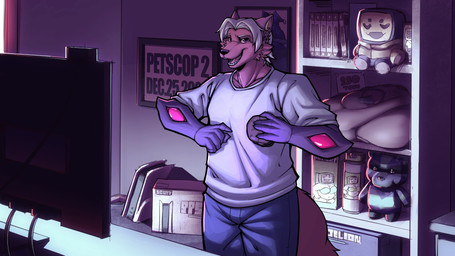 anthro black_nose blonde_hair bottomwear burger cheek_tuft clothed clothing computer denim denim_bottomwear denim_clothing detailed_background electronics excited facial_tuft figurine food fully_clothed fur furniture hair holding_food holding_object jeans looking_at_viewer male monitor open_mouth pants purple_eyes red_body red_fur skinny smile smiling_at_viewer solo table tail teeth teeth_showing tongue tuft white_hair youtuber meowmymyamo playstation playstation_5 sony_corporation sony_interactive_entertainment pyrocynical canid canine fox mammal 2025 hi_res