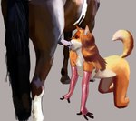 all_fours anthro bestiality bodily_fluids breasts cleavage clothed clothing cum duo fellatio female feral genital_fluids gloves handwear latex latex_clothing latex_gloves latex_handwear male male/female oral penile servicing_from_below sex hornyfoxjade canid canine equid equine fox horse mammal