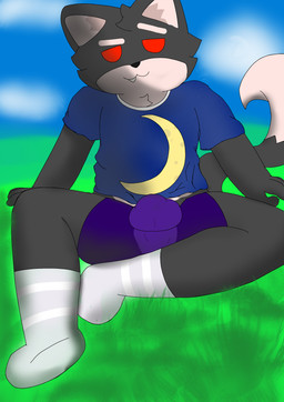 :3 anthro clothing cloud dark_body footwear grass looking_at_viewer male moon plant red_eyes seductive simple_background sitting sky smug_face socks solo tail underwear zrthefox pixile_studios super_animal_royale canid canine fox mammal super_fox_(sar) super_shadow_fox_(sar) absurd_res hi_res